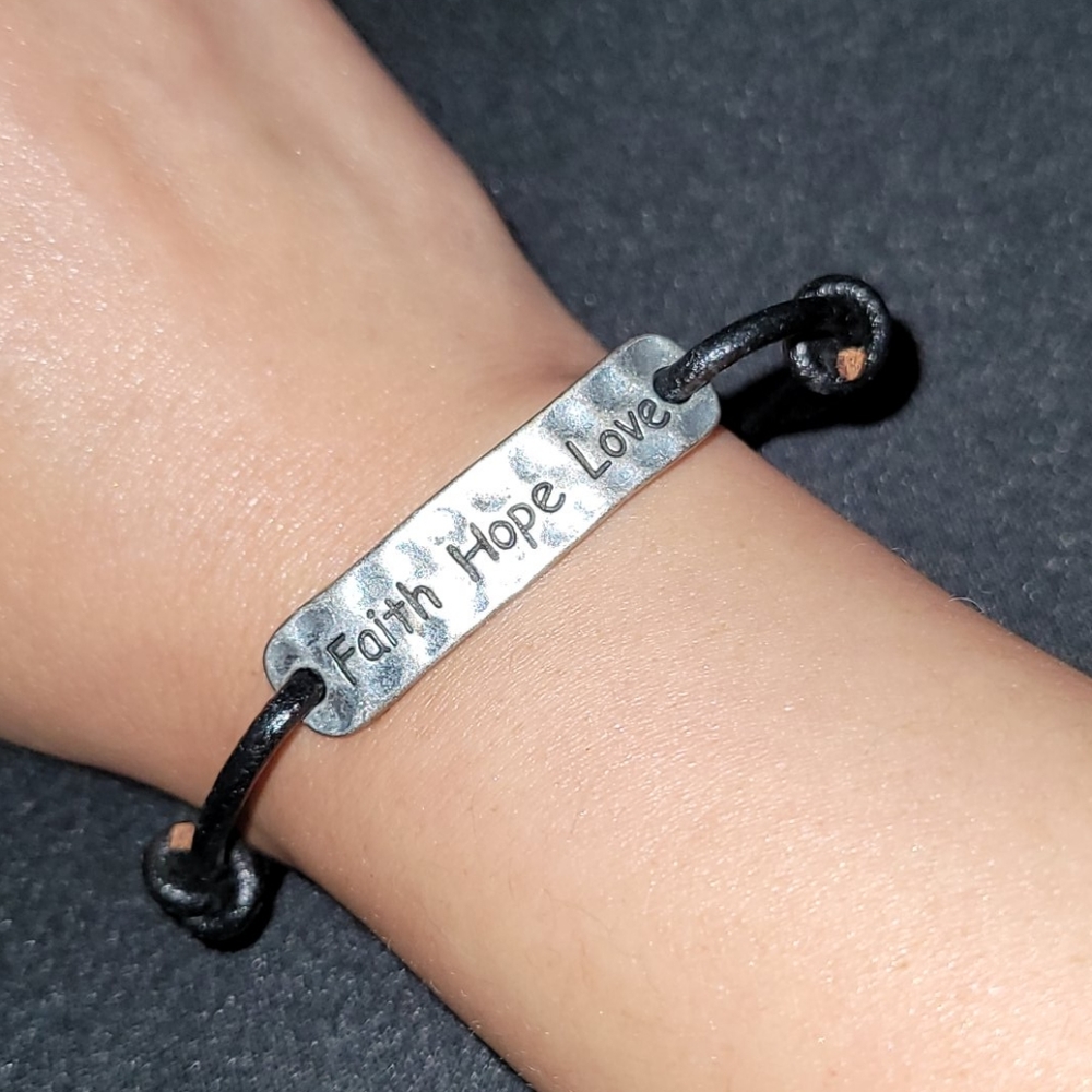 Faith Hope Love Etched Silver & Adjustable Leather Bracelet NWOT